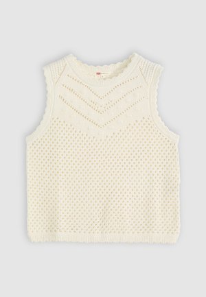 Crème-kleurige mouwloze gebreide top met een gestructureerd patroon, een scalloped halslijn en franjes aan de zoom.