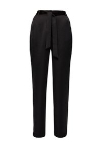 Pantalon noir à texture lisse, avec une taille ceinturée, une coupe droite et sans poches ni ornements visibles.
