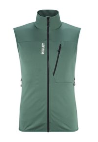 Grüne Weste mit hohem Kragen, Frontreißverschluss und seitlichen Taschen. Hergestellt aus strukturiertem Stoff mit einem dezenten Muster und Logodetails.