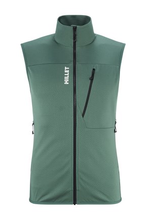 Gilet vert avec col montant, fermeture éclair frontale et poches latérales. Fabriqué en tissu texturé avec un motif subtil et un détail de logo.