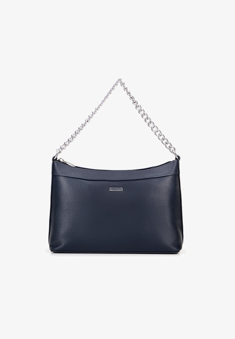 Borsa a spalla in pelle blu navy con finitura texture, dotata di tracolla in catena argentata e chiusura con zip, con una placca del logo sul davanti.