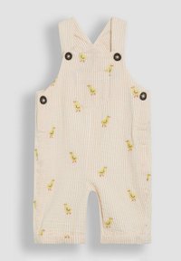 Gestreepte beige overalls met gele eend borduursel, voorzien van verstelbare schouderbanden en zwarte knoopaccenten, een voorknos en opgerolde mouwen.
