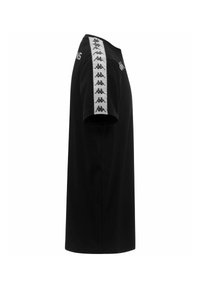 Zwart katoenen T-shirt met ronde hals, korte mouwen en witte verticale strepen met het merklogo op beide schouders.