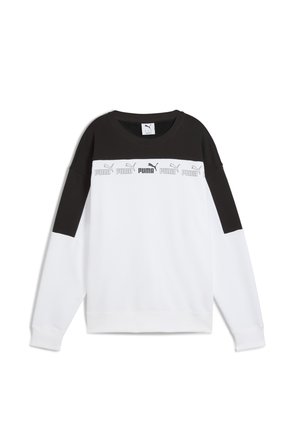 Sweatshirt blanc avec un panneau supérieur noir, arborant un logo "PUMA" gris répété. Fabriqué en tissu doux avec des manches longues et un col rond.