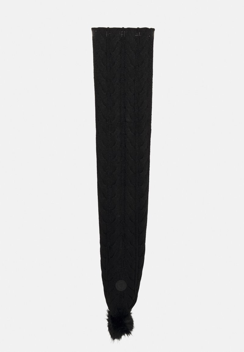 Écharpe tubulaire noire en tricot avec un motif en câble et un pompon en fourrure à une extrémité. Texture douce, forme allongée, adaptée aux temps frais.