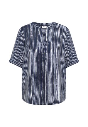 Marineblaue kurzärmelige Bluse mit weißen vertikalen Streifen, rundem Ausschnitt, drei vorderen Knöpfen und lockerer Passform.