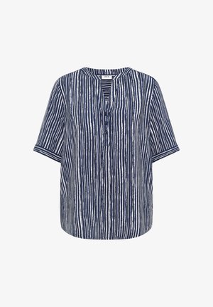 Blusa blu navy a maniche corte con righe verticali bianche, scollo rotondo, tre bottoni frontali e vestibilità ampia.