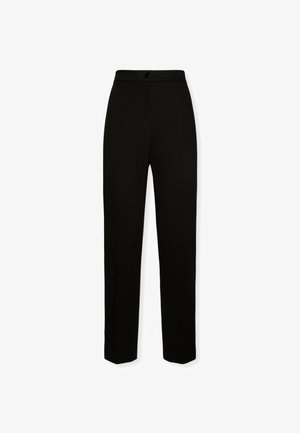 Zwarte, op maat gemaakte broek met een rechte pijp, voorzien van een knoopsluiting en een gladde textuur. Geen zakken of zichtbare patronen.