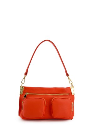 Red leather handbag with a structured design, featuring a top zipper and two front pockets. Gold hardware accents enhance the appearance.