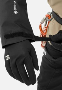 Gants Gore-Tex noirs au toucher lisse, dotés de sangles de poignet Velcro, de détails de logo et d'un design ajusté pour la chaleur et l'adhérence.