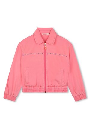 Veste zippée rose pour enfants avec des poignets et une ceinture élastiques, dotée d'un col et d'une rangée horizontale de petites formes décoratives colorées sur la poitrine.