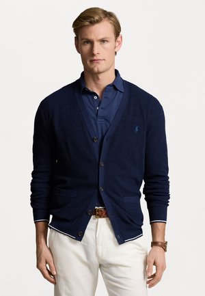 TEXTURED COTTON LINEN V NECK CARDIGAN - Cardigan - bright navy