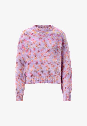 Knit sweater in light purple with multicolor speckles. Features a round neck and ribbed hem. Long sleeves with a slightly cropped fit.