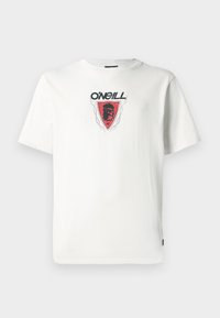 White cotton t-shirt featuring a red and black lion crest graphic with "O'Neill" text, short sleeves, and a standard crew neckline.