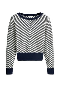 Pull à manches longues avec des rayures diagonales bleu marine et blanches formant un motif en chevrons, poignets, ceinture et encolure bleu marine.