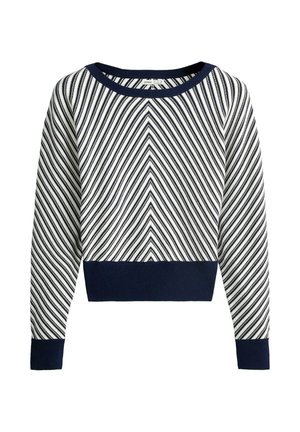 Pulover cu mâneci lungi, cu dungi diagonale albastre închis și albe care formează un model chevron, manșete, talie și guler albastre închis.