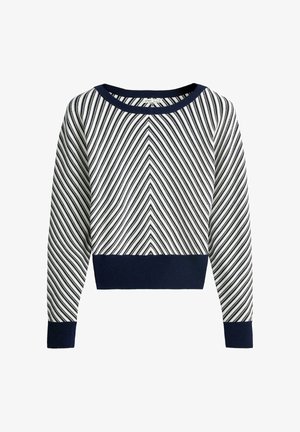 Langärmliger Pullover mit marineblauen und weißen diagonalen Streifen, die ein Chevron-Muster bilden, sowie marineblaue Bündchen, Bund und Kragen.