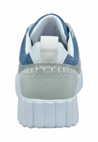 Blue and white sneaker featuring a textured gray heel, glossy silver accents, and a ribbed white sole, with a tab at the back for easy wear.