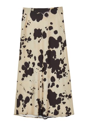 Gonna beige con macchie nere e motivo a schizzi, con un design fluido e una texture liscia, che arriva a metà polpaccio.