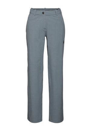 Gray, straight-leg pants with a button closure, belt loops, and side pockets; made from lightweight fabric with a smooth texture.