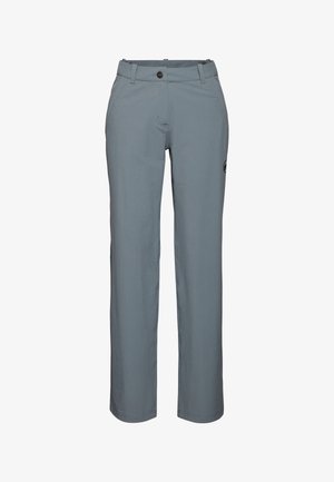 Graue, gerade geschnittene Hose mit Knopfverschluss, Gürtelschlaufen und Seitentaschen; aus leichtem Stoff mit glatter Textur gefertigt.