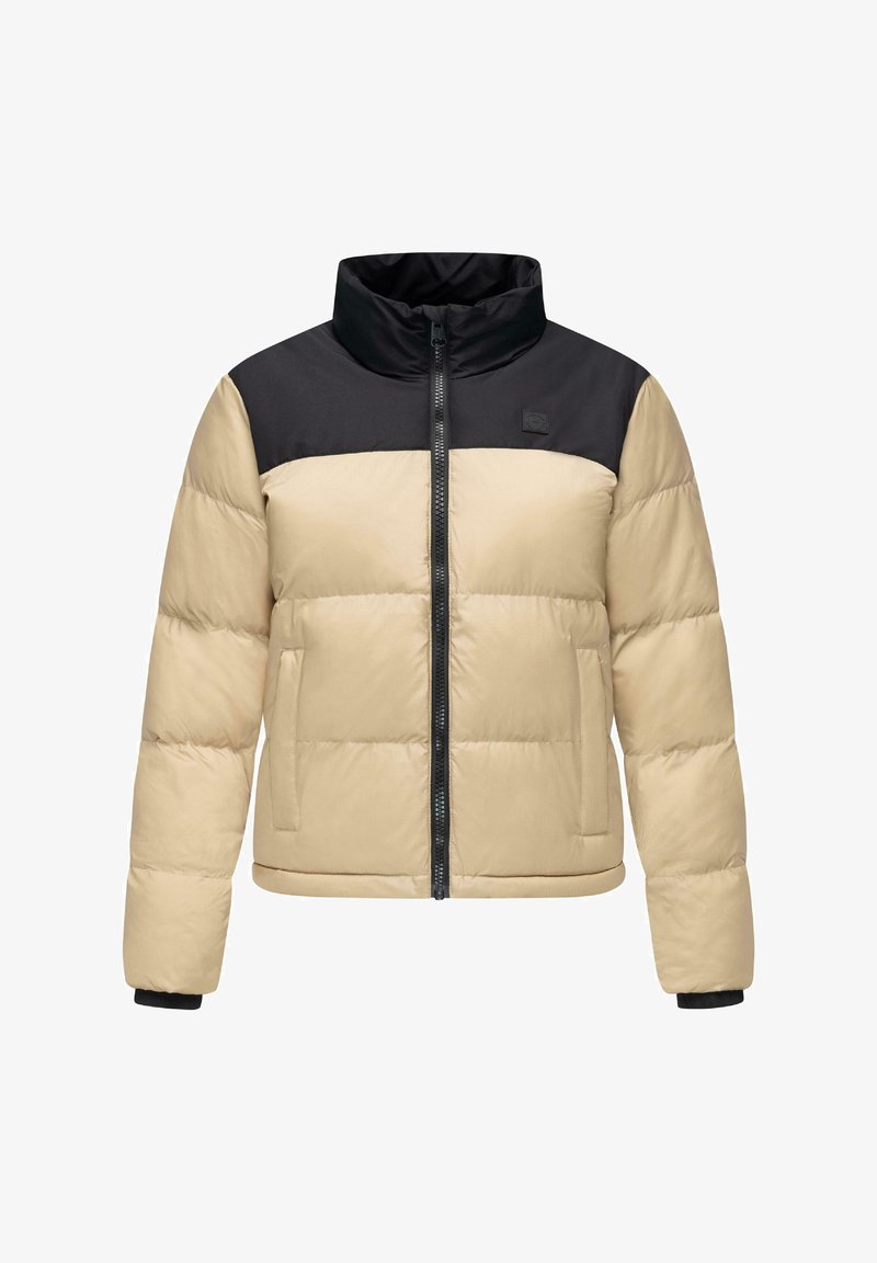 Bežinė ir juoda pūkinė striukė su aukštu kraštu, užtrauktuku ir elastingomis rankovėmis. Yra siuvinėta tekstūra ir šoninės kišenės.