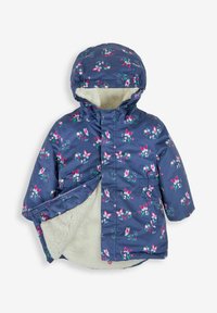 Geacă de iarnă de un albastru închis, cu un model floral și farfurițe, având o glugă, căptușeală din fleece moale și închidere cu fermoar.