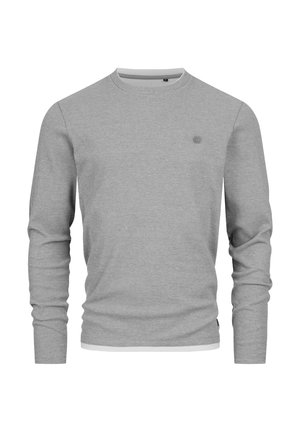 Grijze trui met lange mouwen en een geribbelde structuur, ronde hals en een contrasterende witte bies aan de onderzoom. Klein logodetail op de borst.