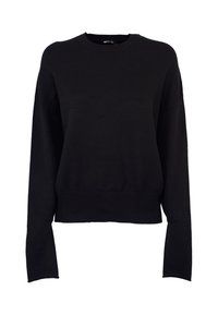 Maglione nero a maniche lunghe in maglia con scollo rotondo e polsini e orlo a coste, mostrato su uno sfondo bianco.