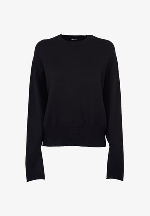 Maglione nero a maniche lunghe in maglia con scollo rotondo e polsini e orlo a coste, mostrato su uno sfondo bianco.