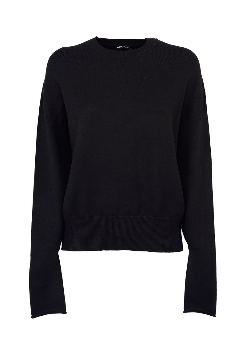 Maglione nero a maniche lunghe in maglia con scollo rotondo e polsini e orlo a coste, mostrato su uno sfondo bianco.