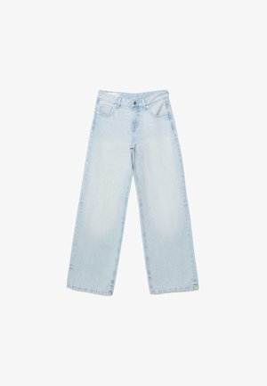 Hellblaue Jeans mit weitem Bein, Knopf- und Reißverschluss, Taschen vorne und hinten sowie dezentem Verblassen an Oberschenkeln und Knien.
