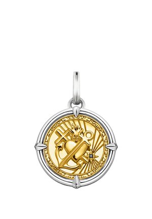 Runder goldener Medaillon mit Anker, flammendem Herzen, Kreuz- und Sternsymbolen, eingefasst in einem silbernen Rahmen mit vier spitzen Akzenten.