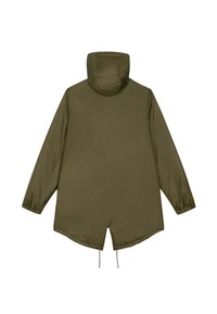 Parka à capuche vert olive avec manches longues, poignets élastiques et ourlet fendu avec cordons ajustables à l'arrière.