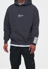 Felpa grigia con cappuccio, tasca a marsupio, polsini elasticizzati, patch con logo sulla manica e tessuto di cotone morbido. Senza stampe grafiche.