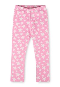 Rosa Kinderleggings mit weißen Sternmustern, elastischem Bund und geraden Beinen, flach auf einem weißen Hintergrund ausgelegt.
