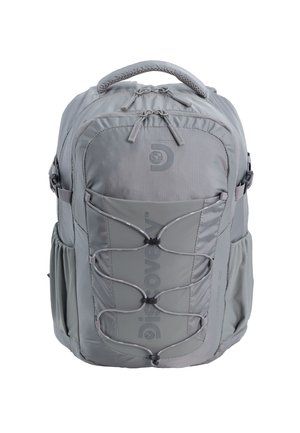 Gray backpack with a textured finish, featuring a front bungee cord system, top handle, and side mesh pockets for additional storage.