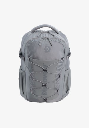 Gray backpack with a textured finish, featuring a front bungee cord system, top handle, and side mesh pockets for additional storage.