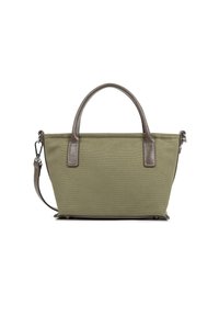 Borsa in tela verde oliva con dettagli in pelle grigia, doppi manici superiori e tracolla rimovibile. Forma rettangolare compatta.