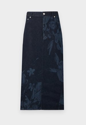 Donkerblauwe denim midirok met een subtiele bloemenprint aan één zijde en voorzakken met een tailleband met knoopsluiting.