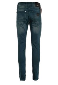Dunkelblau-grüne Slim-Fit-Jeans aus Denim mit dezentem Verblassen, fünf Taschen und einem Leder-Label-Patch am Bund.