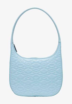 Sac à épaule bleu clair en matériau texturé, présentant un motif en losange et une anse courbée. Fermeture zippée sur le dessus.