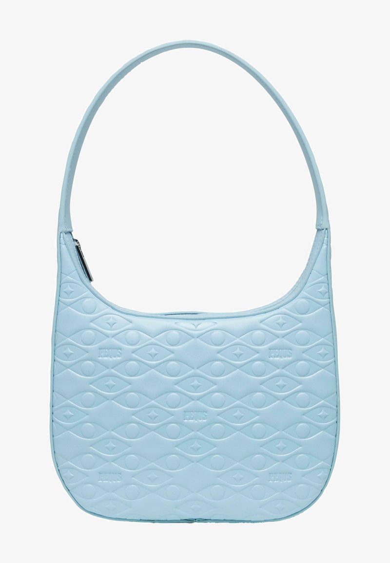 Heledsinine õlakott, mis on valmistatud tekstuursest materjalist ja millel on teemandimuster ning kõver käepide. Ülemine lukuga sulgemine.