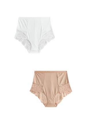 High-waisted underwear set: one white with lace accents, one nude with floral lace side panels, both featuring a smooth fabric finish.