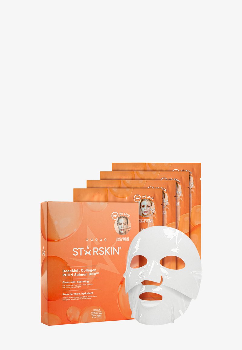 Vijf oranje gezichtsmaskerpakketten met het label "STARSKIN DeepMelt Collagen PDRN Salmon DNA" met één wit sheetmasker vooraan.
