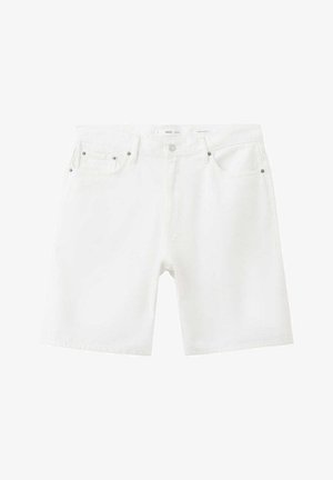 White denim shorts with front button and zipper, belt loops, and five-pocket design laid flat.