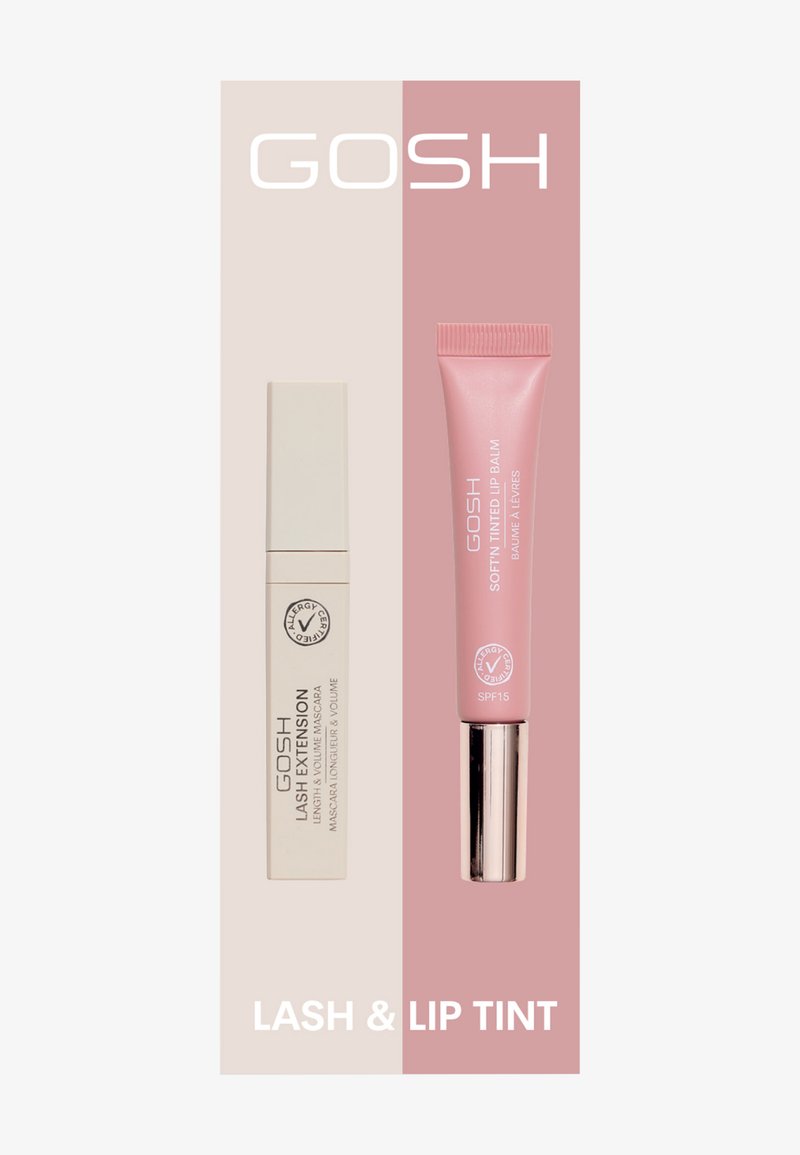 Maskara GOSH Lash Extension w białej tubie oraz balsam do ust Soft'n Tinted w różowej tubie, oba z logo marki oraz oznaczeniem SPF 15.