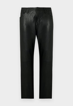 Black faux leather straight-leg pants with front pockets, belt loops, and a button closure.