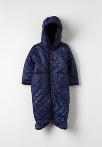 Cappotto imbottito navy con cappuccio, caratterizzato da ampie tasche frontali, bottoni a pressione e una superficie liscia e lucida. Tessuto interno morbido.
