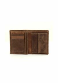 Brown leather wallet with multiple card slots, a spacious compartment, and embossed branding, featuring a smooth texture and clean lines.